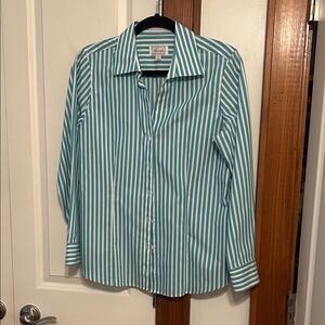 Foxcroft Wrinkle Free Teal and White Vertical Stripe Dress Shirt